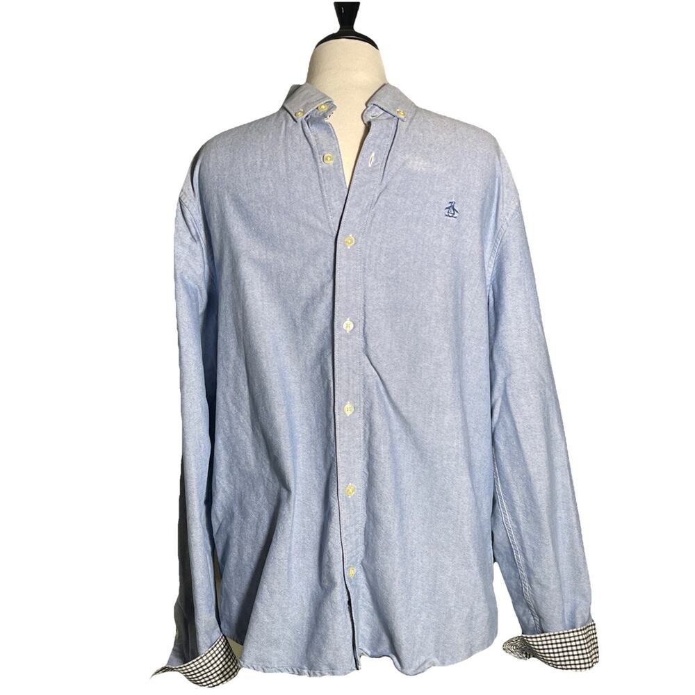 Original Penguin Long Sleeve Shirt, Cool Blue Chambray Heritage Slim Fit XL